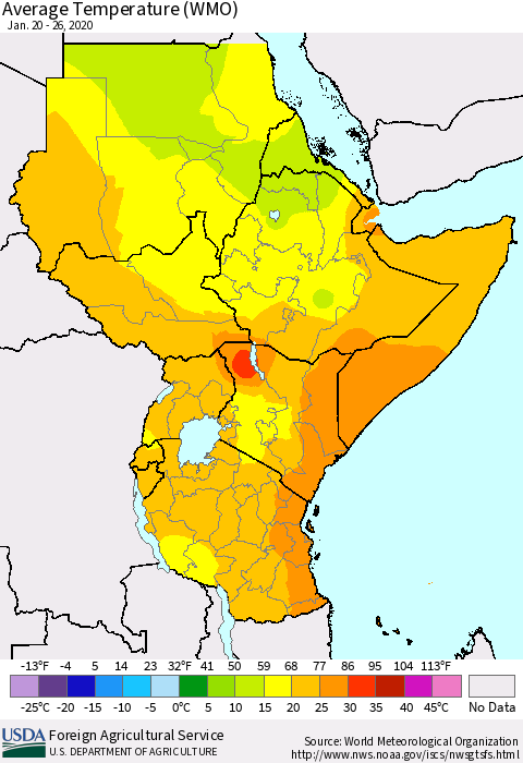 Eastern Africa Average Temperature (WMO) Thematic Map For 1/20/2020 - 1/26/2020