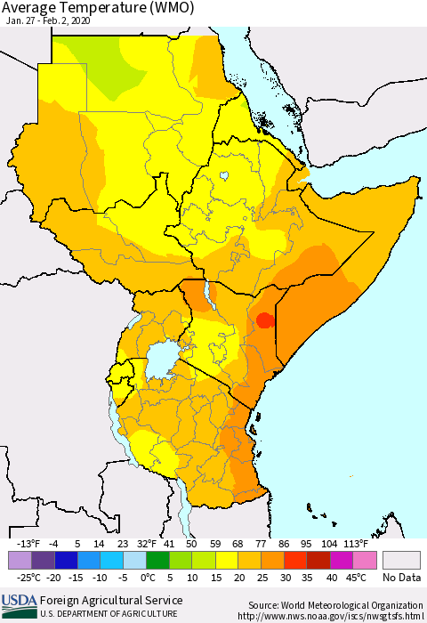 Eastern Africa Average Temperature (WMO) Thematic Map For 1/27/2020 - 2/2/2020