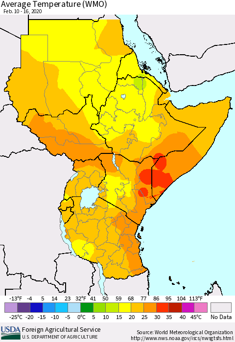Eastern Africa Average Temperature (WMO) Thematic Map For 2/10/2020 - 2/16/2020