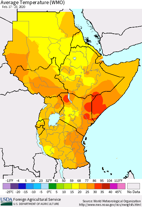 Eastern Africa Average Temperature (WMO) Thematic Map For 2/17/2020 - 2/23/2020