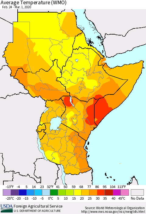 Eastern Africa Average Temperature (WMO) Thematic Map For 2/24/2020 - 3/1/2020