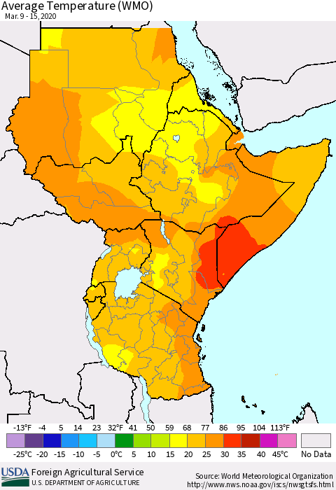 Eastern Africa Average Temperature (WMO) Thematic Map For 3/9/2020 - 3/15/2020