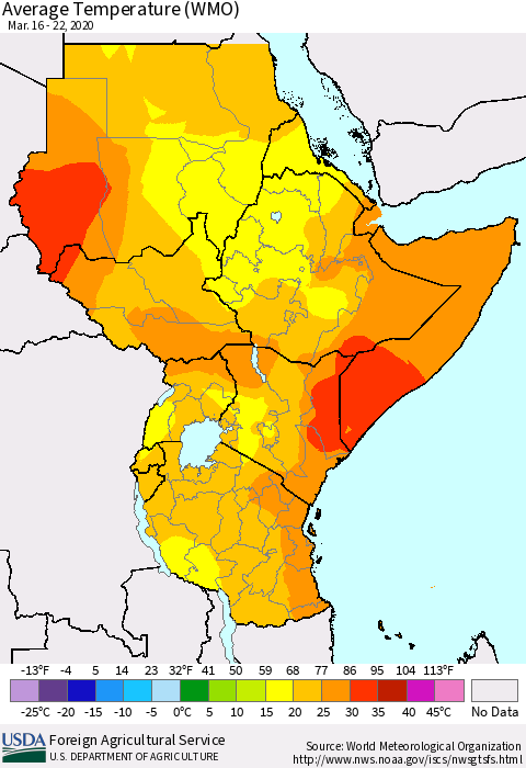 Eastern Africa Average Temperature (WMO) Thematic Map For 3/16/2020 - 3/22/2020