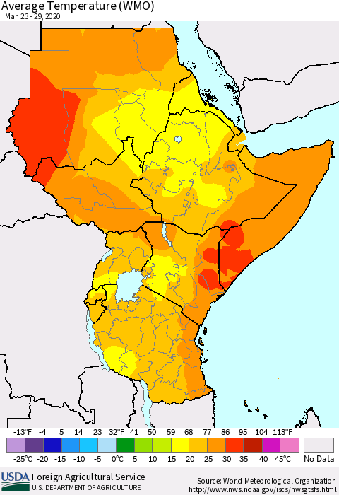 Eastern Africa Average Temperature (WMO) Thematic Map For 3/23/2020 - 3/29/2020