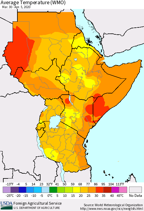 Eastern Africa Average Temperature (WMO) Thematic Map For 3/30/2020 - 4/5/2020