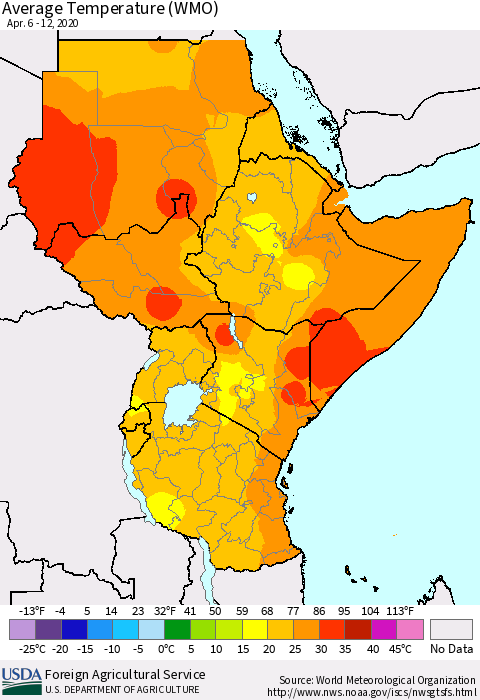 Eastern Africa Average Temperature (WMO) Thematic Map For 4/6/2020 - 4/12/2020