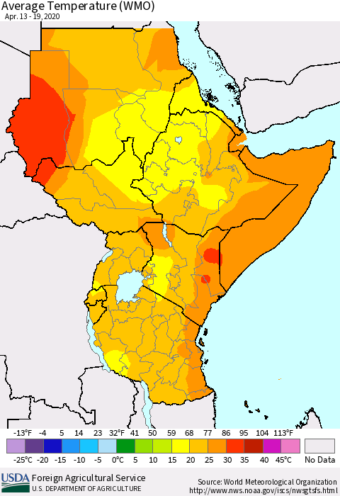 Eastern Africa Average Temperature (WMO) Thematic Map For 4/13/2020 - 4/19/2020
