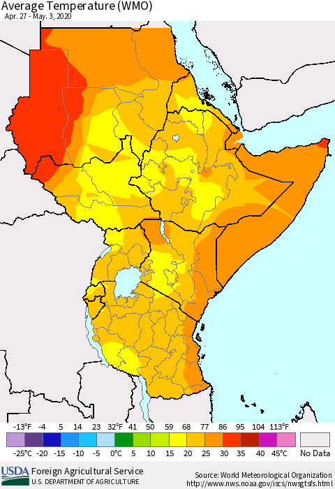 Eastern Africa Average Temperature (WMO) Thematic Map For 4/27/2020 - 5/3/2020