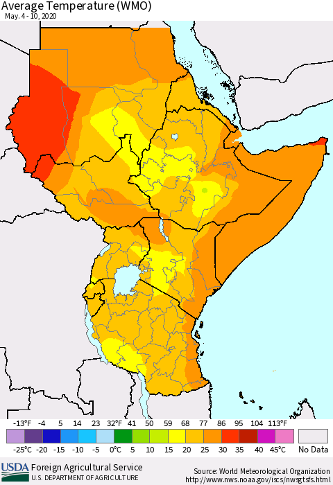 Eastern Africa Average Temperature (WMO) Thematic Map For 5/4/2020 - 5/10/2020