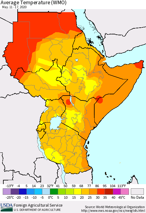 Eastern Africa Average Temperature (WMO) Thematic Map For 5/11/2020 - 5/17/2020