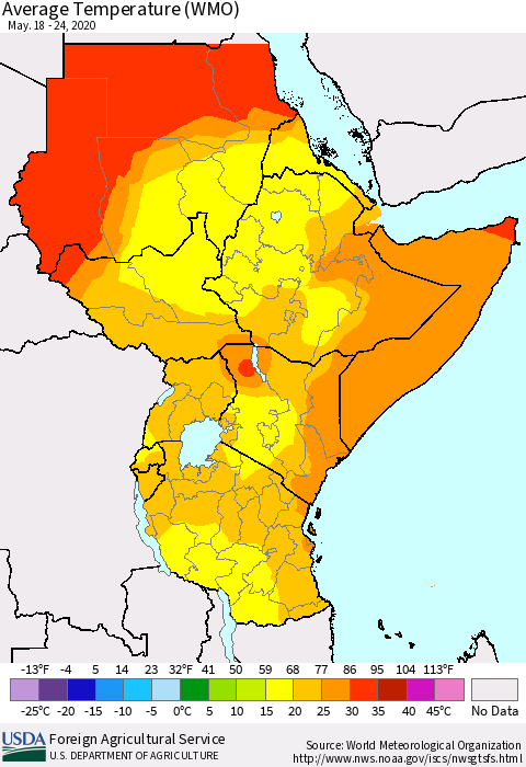 Eastern Africa Average Temperature (WMO) Thematic Map For 5/18/2020 - 5/24/2020