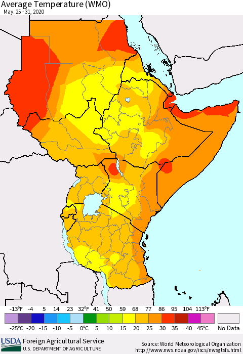 Eastern Africa Average Temperature (WMO) Thematic Map For 5/25/2020 - 5/31/2020