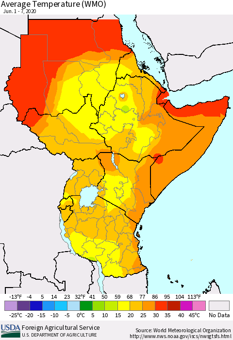 Eastern Africa Average Temperature (WMO) Thematic Map For 6/1/2020 - 6/7/2020