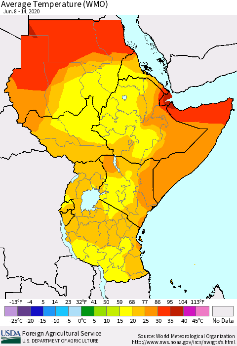 Eastern Africa Average Temperature (WMO) Thematic Map For 6/8/2020 - 6/14/2020