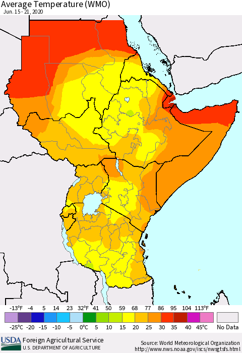 Eastern Africa Average Temperature (WMO) Thematic Map For 6/15/2020 - 6/21/2020