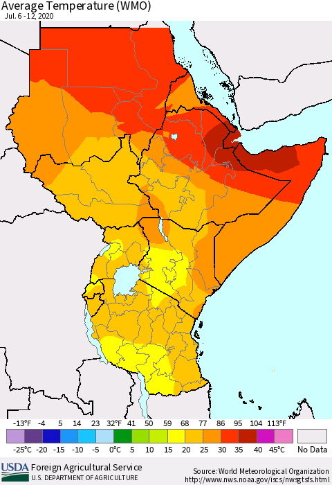 Eastern Africa Average Temperature (WMO) Thematic Map For 7/6/2020 - 7/12/2020