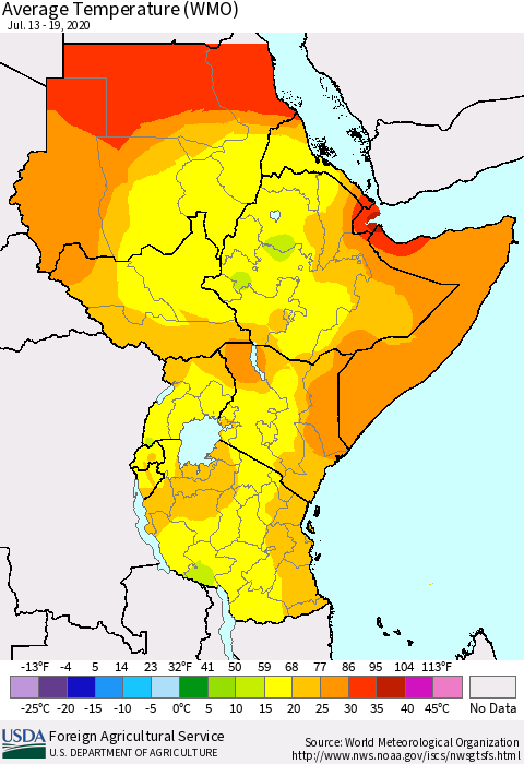 Eastern Africa Average Temperature (WMO) Thematic Map For 7/13/2020 - 7/19/2020