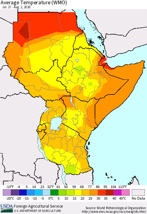 Eastern Africa Average Temperature (WMO) Thematic Map For 7/27/2020 - 8/2/2020