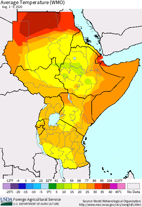 Eastern Africa Average Temperature (WMO) Thematic Map For 8/3/2020 - 8/9/2020