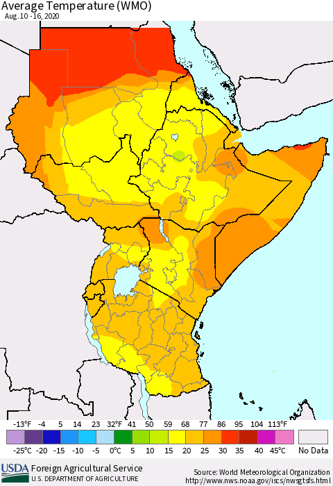 Eastern Africa Average Temperature (WMO) Thematic Map For 8/10/2020 - 8/16/2020