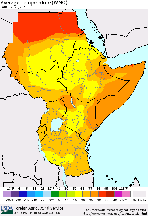 Eastern Africa Average Temperature (WMO) Thematic Map For 8/17/2020 - 8/23/2020