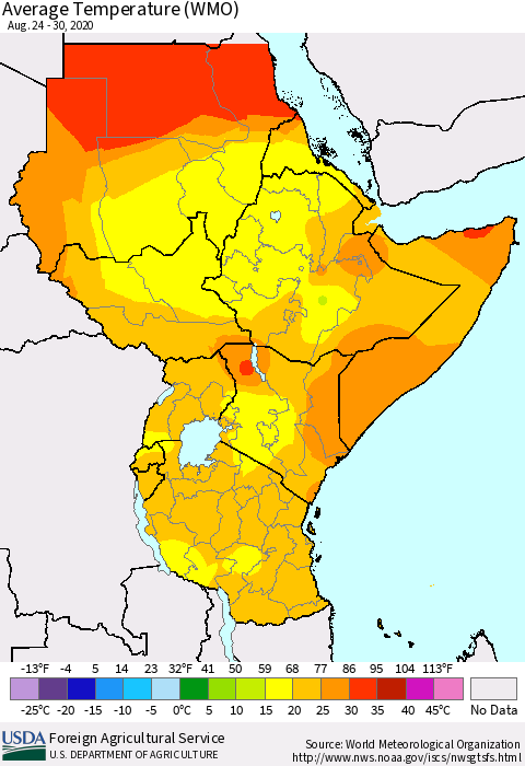 Eastern Africa Average Temperature (WMO) Thematic Map For 8/24/2020 - 8/30/2020
