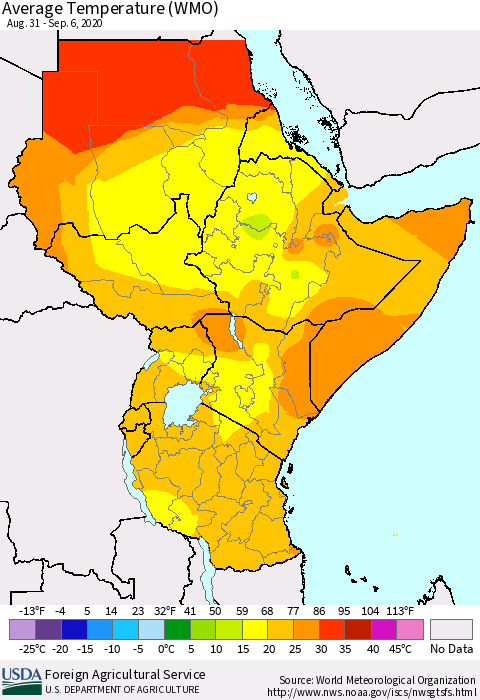 Eastern Africa Average Temperature (WMO) Thematic Map For 8/31/2020 - 9/6/2020
