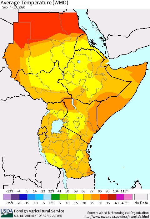 Eastern Africa Average Temperature (WMO) Thematic Map For 9/7/2020 - 9/13/2020