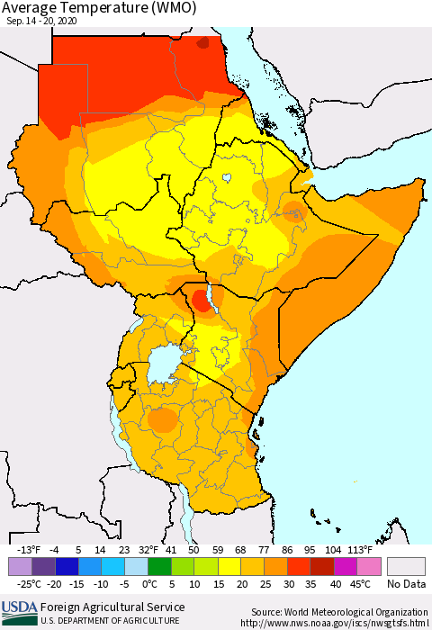 Eastern Africa Average Temperature (WMO) Thematic Map For 9/14/2020 - 9/20/2020