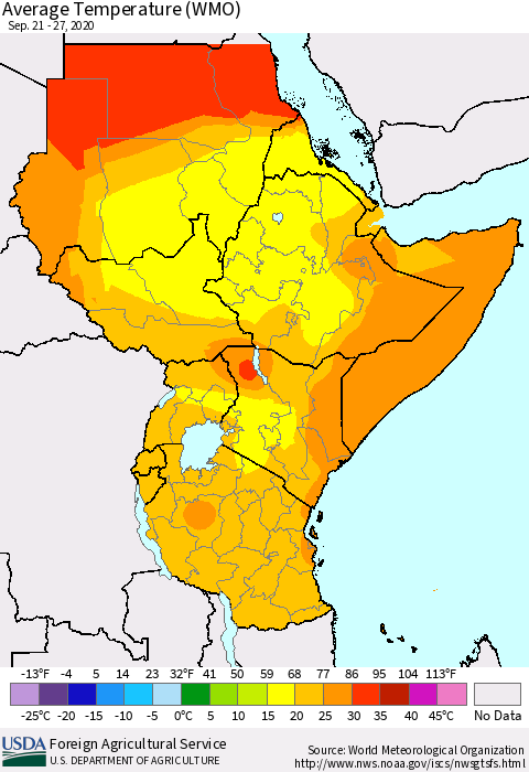 Eastern Africa Average Temperature (WMO) Thematic Map For 9/21/2020 - 9/27/2020