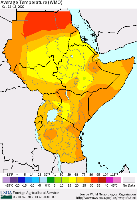 Eastern Africa Average Temperature (WMO) Thematic Map For 10/12/2020 - 10/18/2020