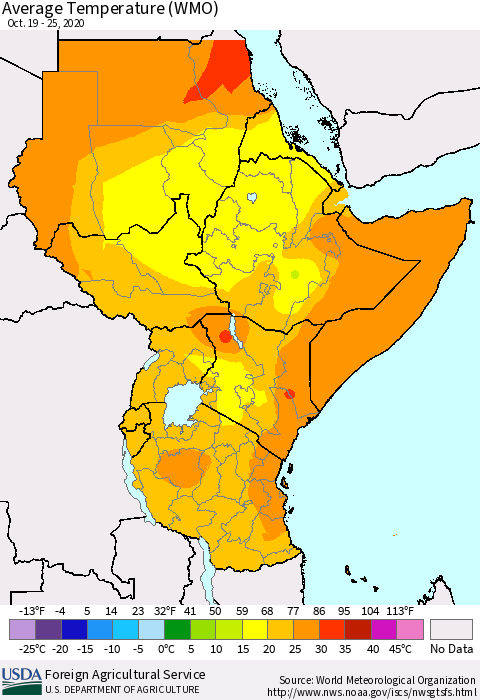 Eastern Africa Average Temperature (WMO) Thematic Map For 10/19/2020 - 10/25/2020