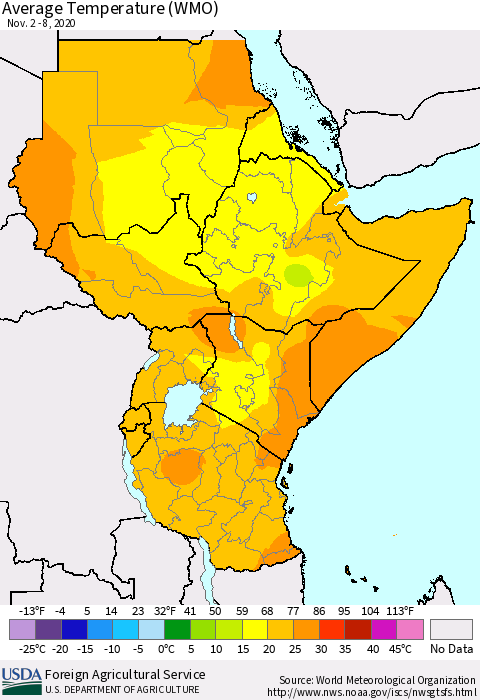 Eastern Africa Average Temperature (WMO) Thematic Map For 11/2/2020 - 11/8/2020