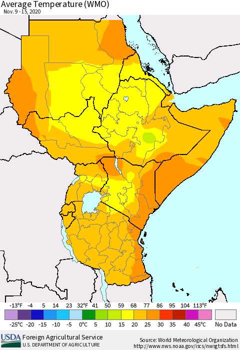 Eastern Africa Average Temperature (WMO) Thematic Map For 11/9/2020 - 11/15/2020