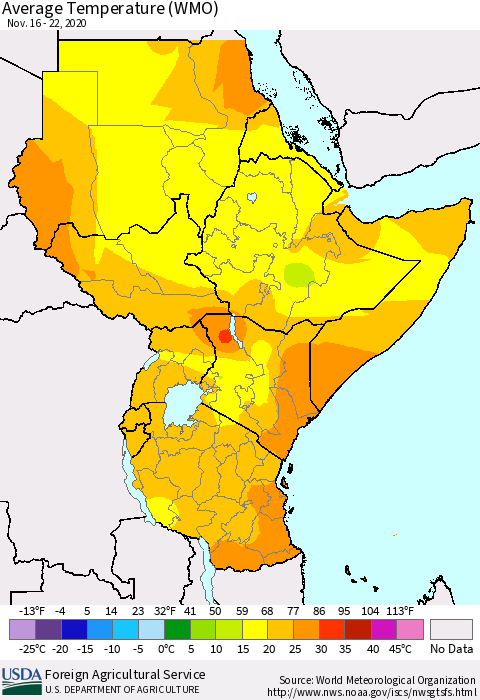 Eastern Africa Average Temperature (WMO) Thematic Map For 11/16/2020 - 11/22/2020