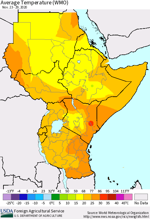 Eastern Africa Average Temperature (WMO) Thematic Map For 11/23/2020 - 11/29/2020