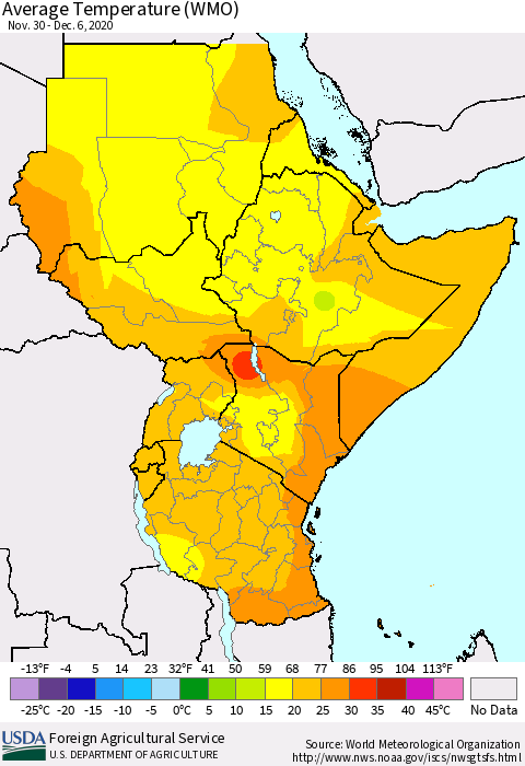 Eastern Africa Average Temperature (WMO) Thematic Map For 11/30/2020 - 12/6/2020