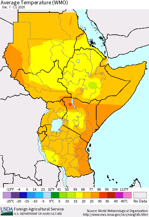 Eastern Africa Average Temperature (WMO) Thematic Map For 12/7/2020 - 12/13/2020