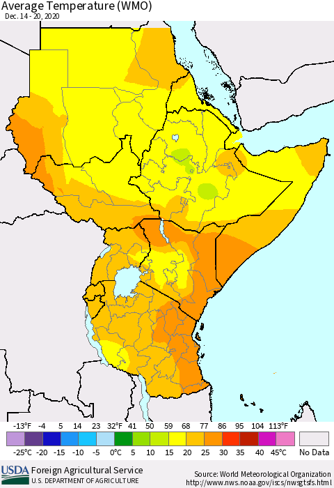 Eastern Africa Average Temperature (WMO) Thematic Map For 12/14/2020 - 12/20/2020