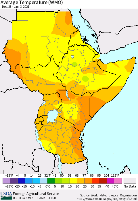 Eastern Africa Average Temperature (WMO) Thematic Map For 12/28/2020 - 1/3/2021