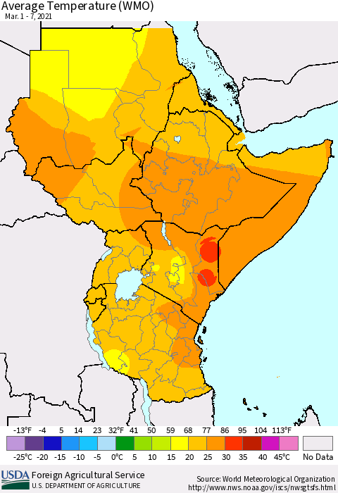 Eastern Africa Average Temperature (WMO) Thematic Map For 3/1/2021 - 3/7/2021