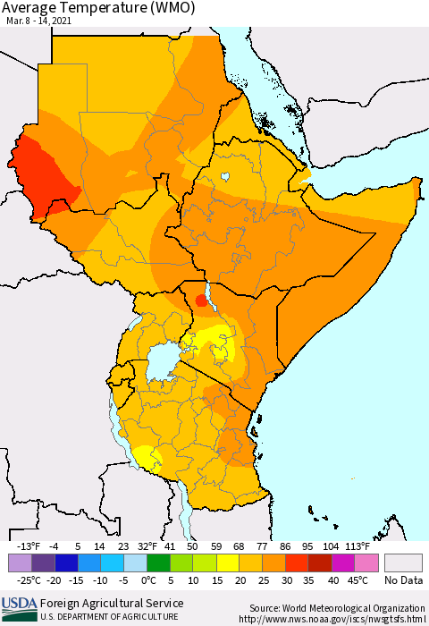 Eastern Africa Average Temperature (WMO) Thematic Map For 3/8/2021 - 3/14/2021