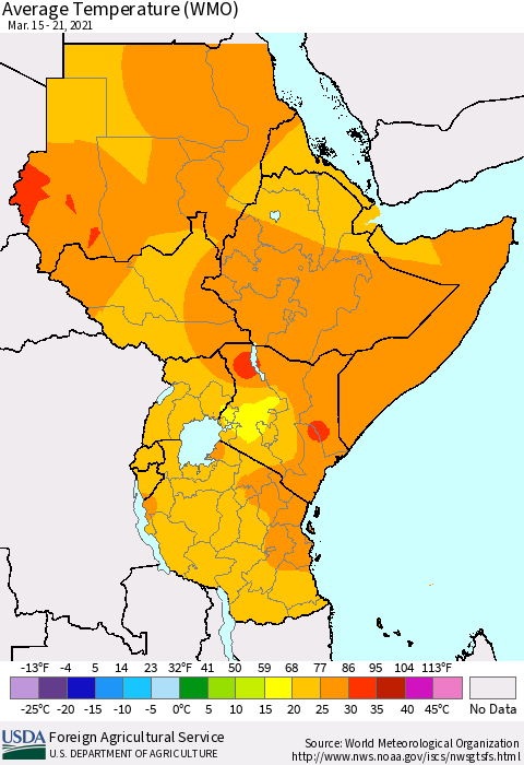 Eastern Africa Average Temperature (WMO) Thematic Map For 3/15/2021 - 3/21/2021