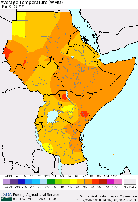 Eastern Africa Average Temperature (WMO) Thematic Map For 3/22/2021 - 3/28/2021