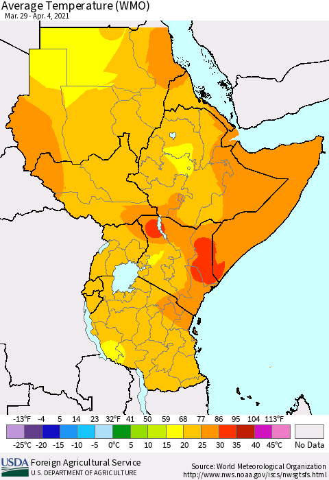 Eastern Africa Average Temperature (WMO) Thematic Map For 3/29/2021 - 4/4/2021