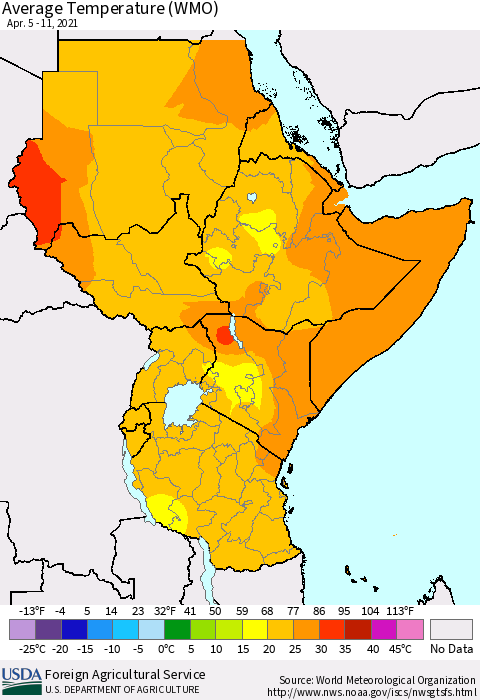 Eastern Africa Average Temperature (WMO) Thematic Map For 4/5/2021 - 4/11/2021