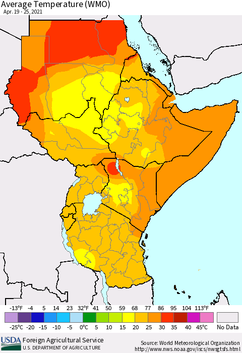Eastern Africa Average Temperature (WMO) Thematic Map For 4/19/2021 - 4/25/2021