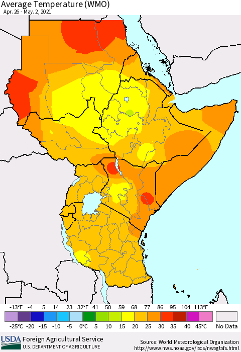 Eastern Africa Average Temperature (WMO) Thematic Map For 4/26/2021 - 5/2/2021