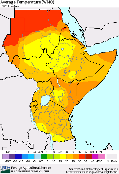 Eastern Africa Average Temperature (WMO) Thematic Map For 5/3/2021 - 5/9/2021