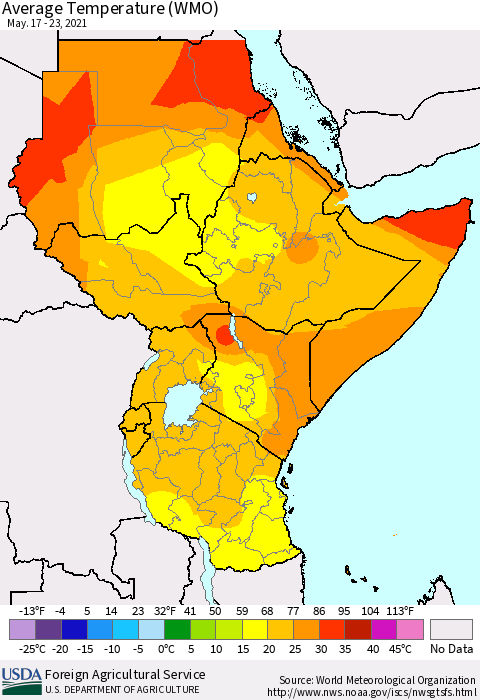 Eastern Africa Average Temperature (WMO) Thematic Map For 5/17/2021 - 5/23/2021